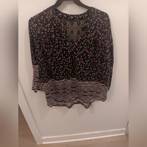 Floral Black And Turquoise Design With Lace Back Womens Size Large